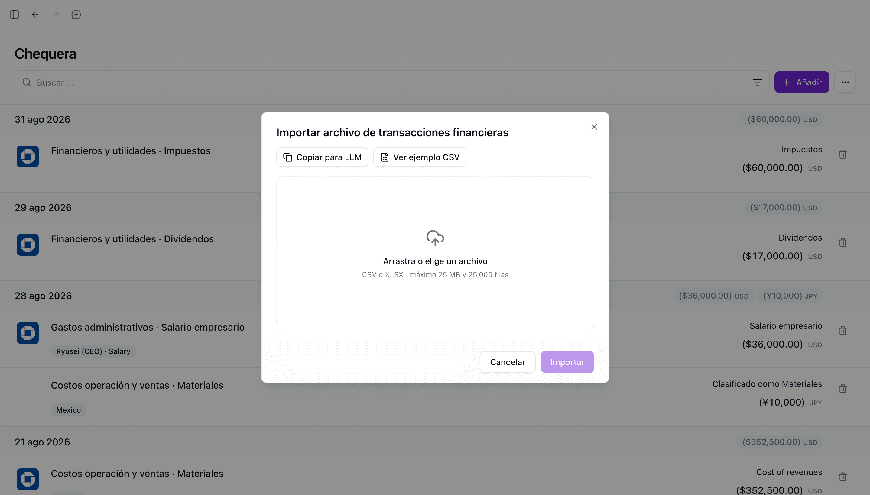 Hunna v0.82 Copy for LLM transaction import dialog