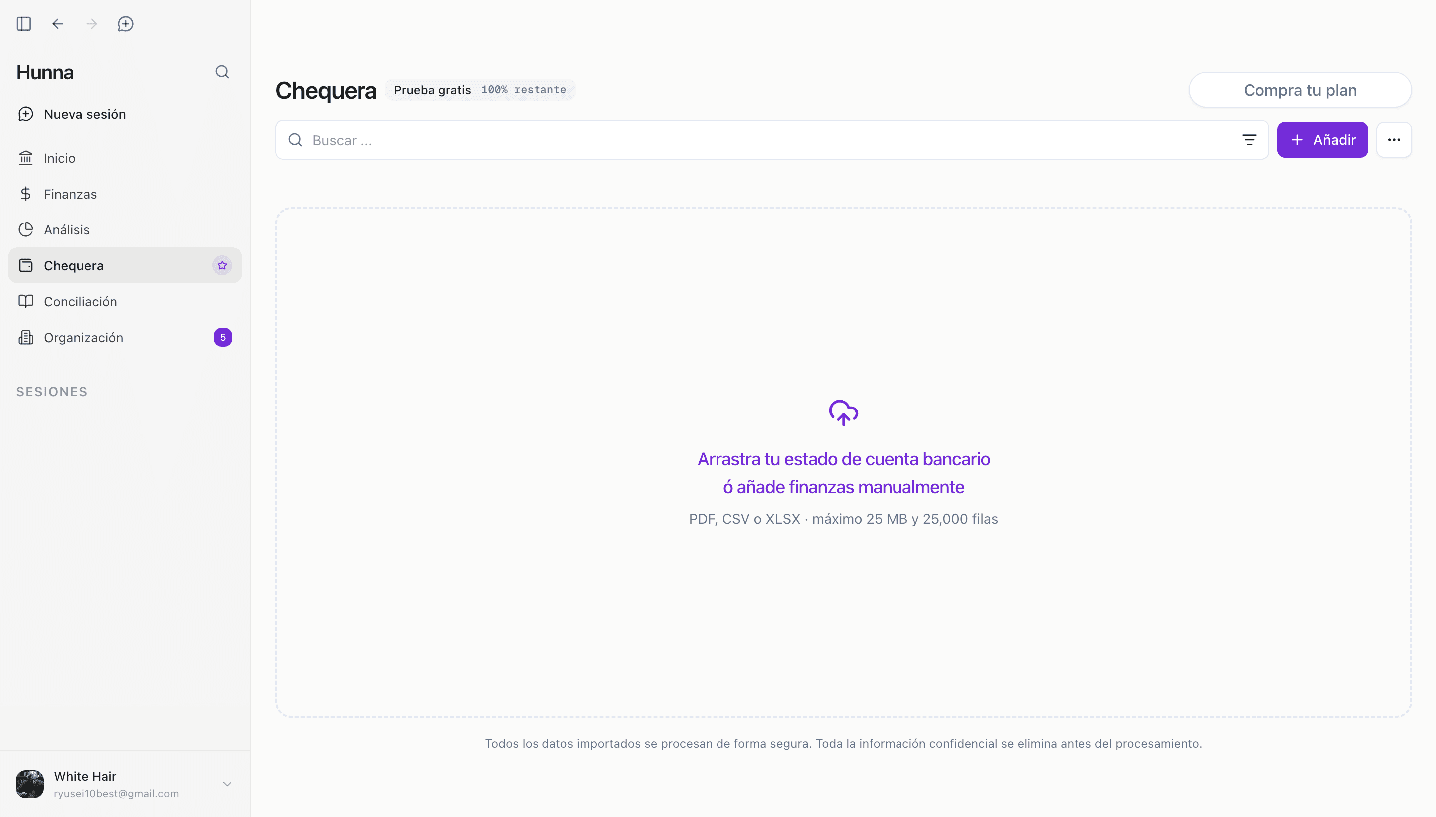 Hunna v0.83 bank statement upload screen